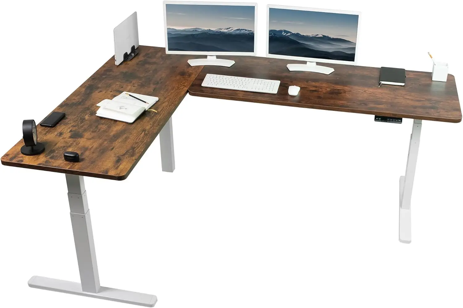 Electric Height Adjustable 83 x 60 inch Corner Stand Up Desk 2 Rustic Vintage Brown Solid Table Tops White Frame