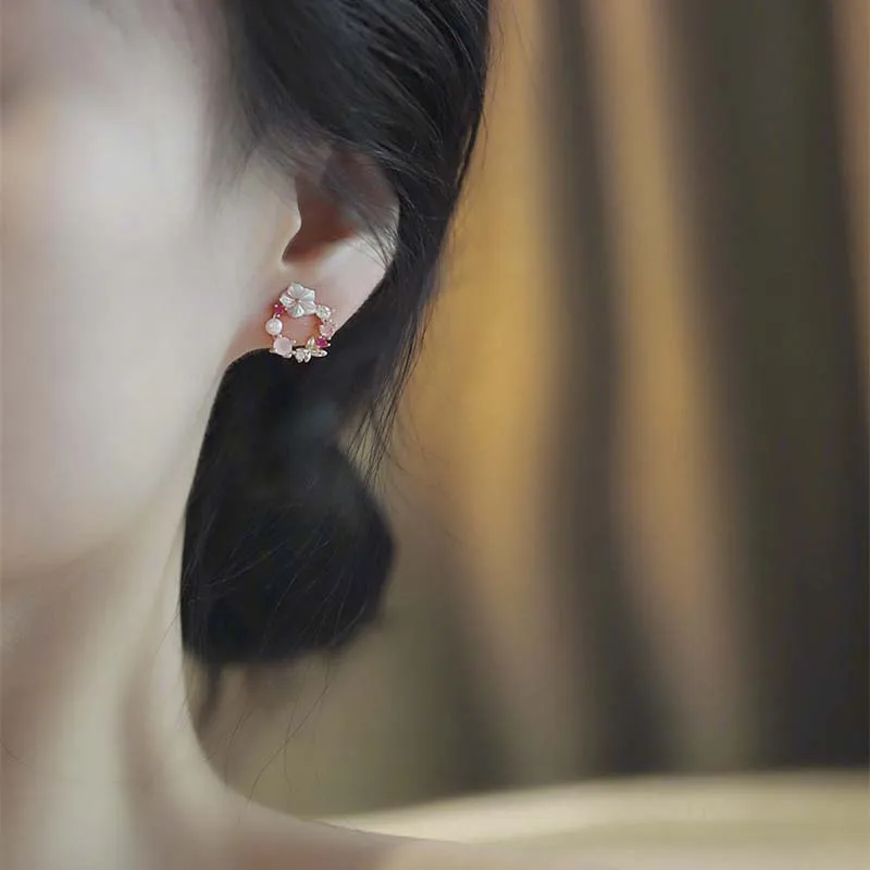 Y2k Pink Crystal Flower Pearl Butterfly Ear Studs Summer New Arrival Korean Fashion Luxury Hoop Earrings For Women Jewelry Gift image 2