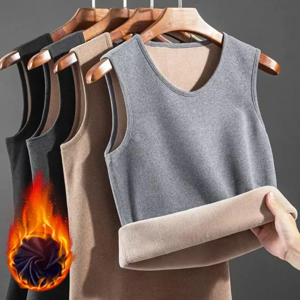 Velvet Lining Camisole Men Vest V-Neck Sleeveless Pullover Tops Solid Color Casual Base Shirt Thickened Velvet Lining Camisole