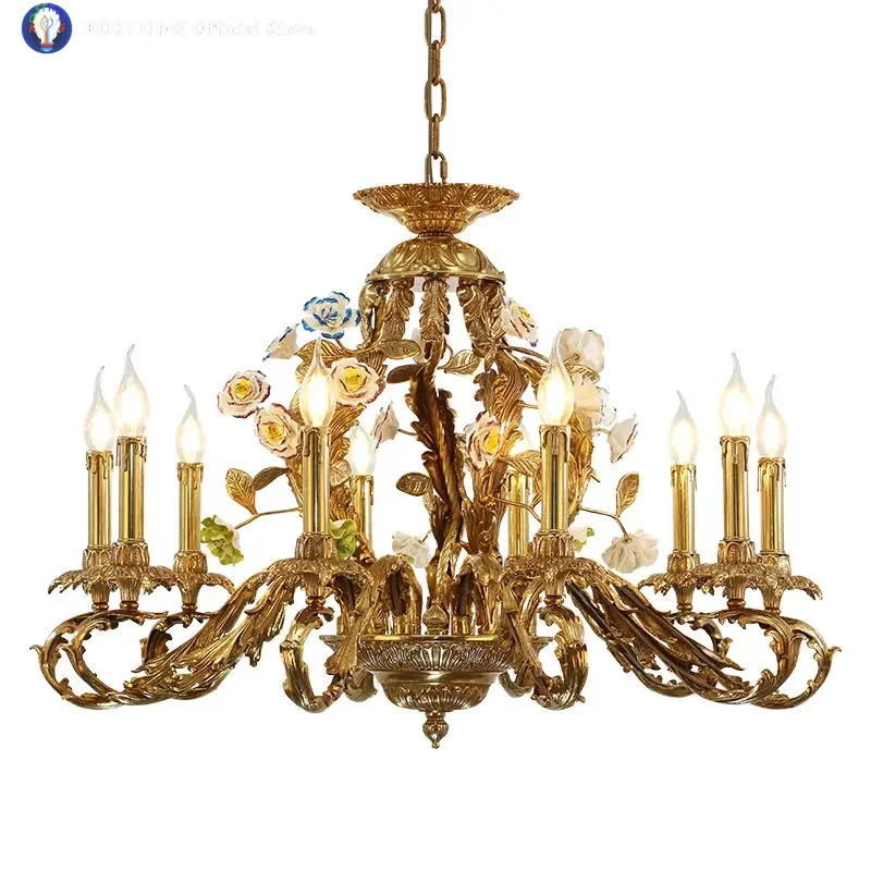 

French Style Brass Gold Lighting for Wedding Hanging Branch Pendant Lamp Suspension Luminaire Porcelain Flower Plant Chandelier