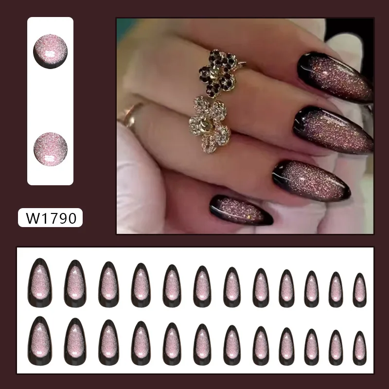 24pcs Glitter Cat's Eye False Nails Glossy Dark Black Style Florid Purple Color Press On Nail Artificial Fake Nail For Cool Girl