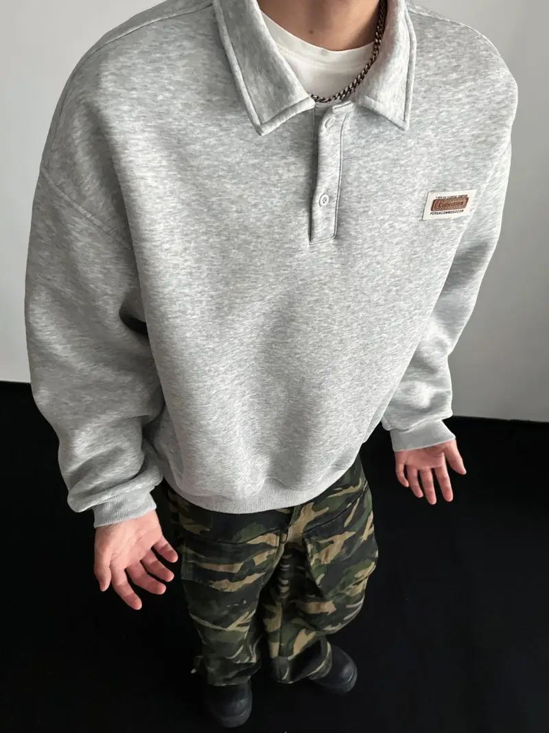 Autumn Men's Casual Solid Color Polo Neck Sweatshirt American Style Couple Loose Long Sleeve Turn down Collar Top Hoodies