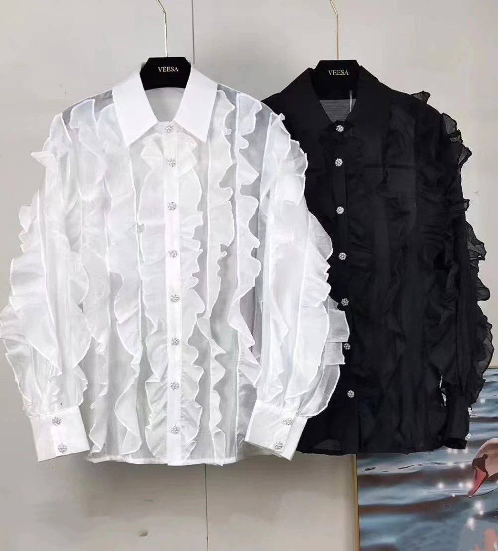 New In Ruffles Spliced Design Pears Buttons Shirts Blouses For Women White Single Breasted Fashion Top Women Clothing