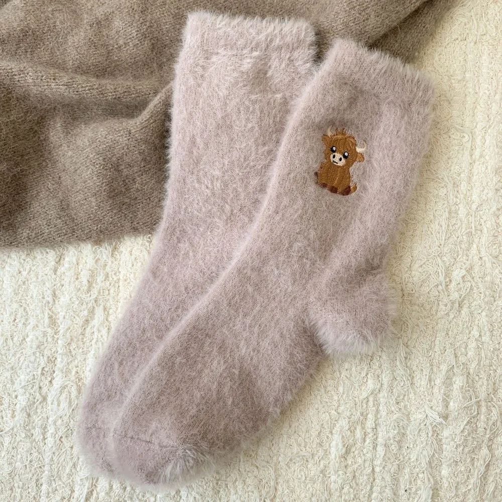 Autumn Winter Warm Floor Socks Fleece Thickened Embroidered Sleep Socks Cartoon Cute Furry Socks Women