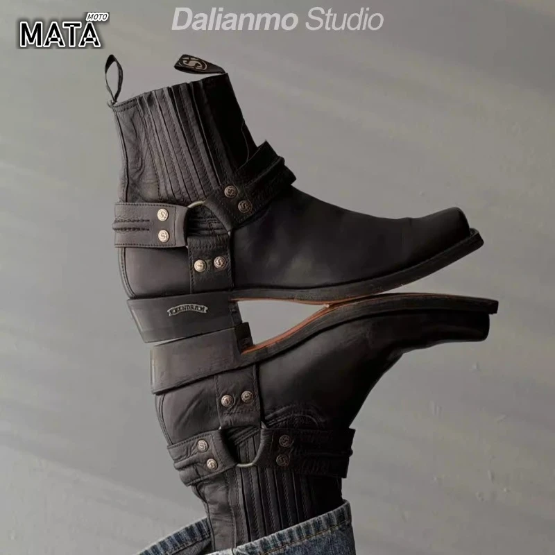 Black Short Boots for Women, Retro Distressed Boots, Square Toe Thick Heel Boots,moto Increased Mid-century Boots