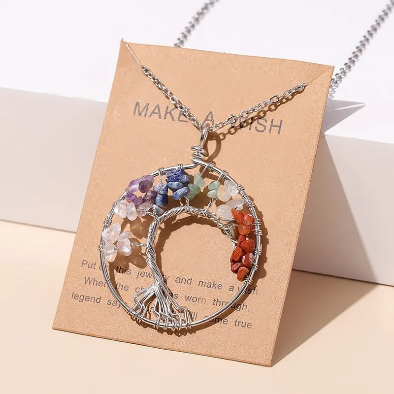 JD Natural Crystal Seven Chakras Gravel Stone Tree Of Life Pendant Necklace Women Men Fashion Healing Stainless Steel Choker