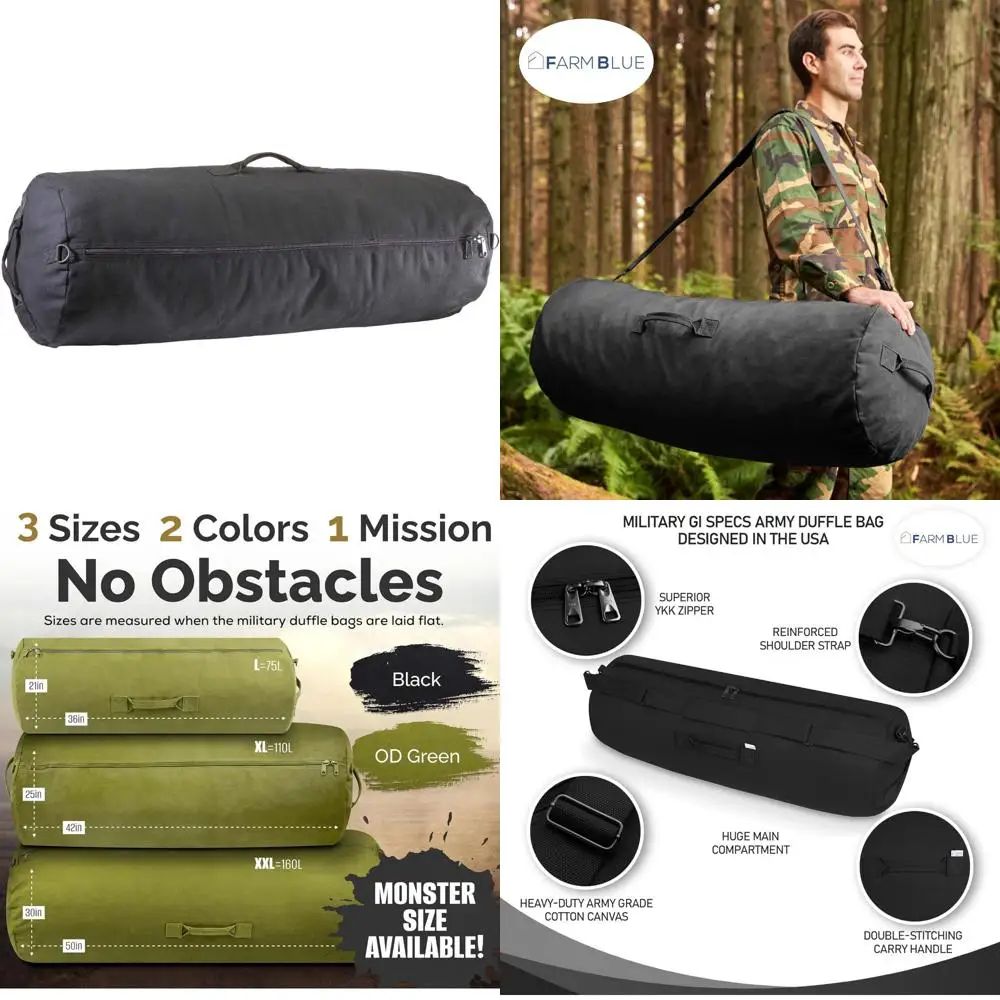 

Сверхмощная армейская спортивная сумка XL — хлопковая парусина военного класса — черная очень большая сумка на молнии в стиле GI, усиленная для долговечности