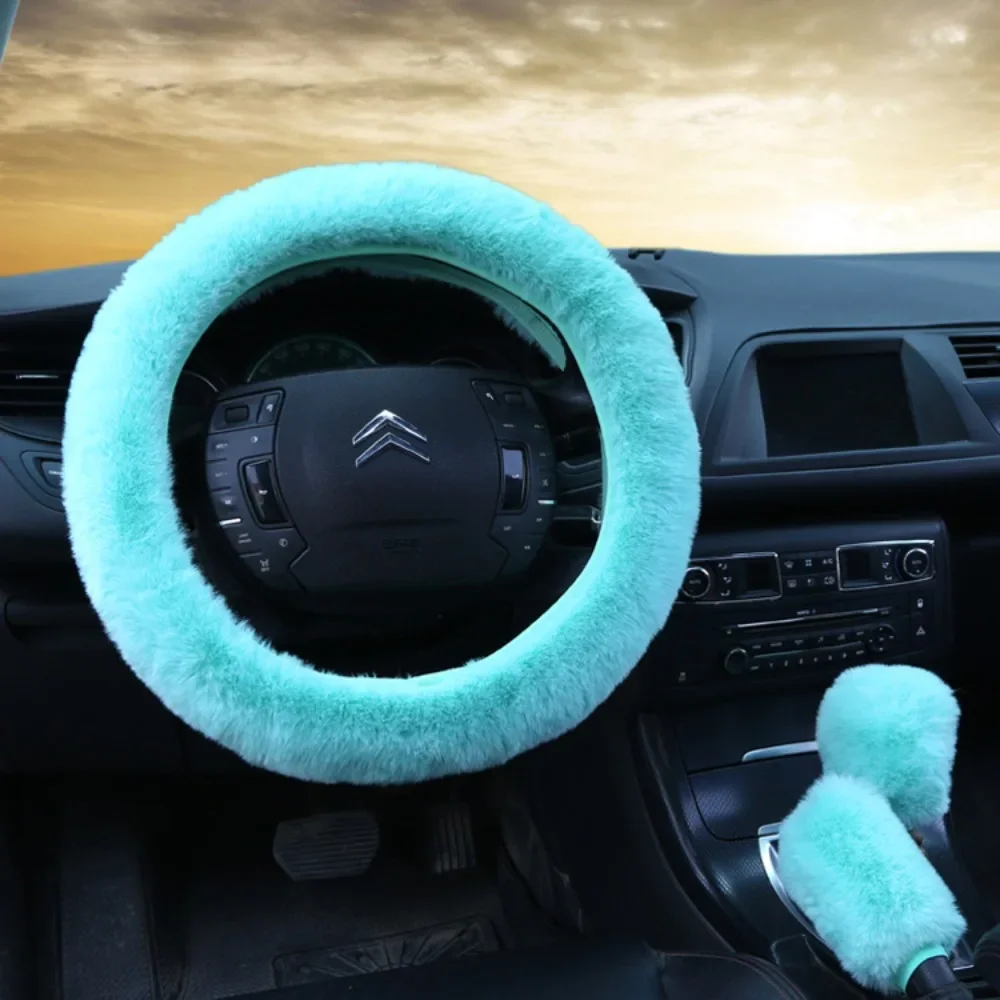 1/3pcs 38cm Universal Plush Car Steering Wheel Cover Warm Hand Brake & Gear Shift Head Covers Interior Decoration Accessories