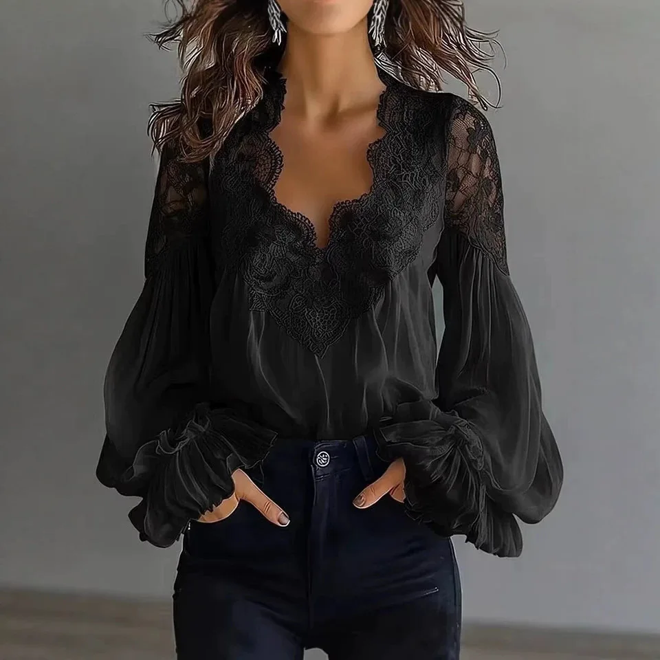 2026 European and American Independent Station Women's Lace Patchwork Bubble Sleeve Pleated Shirt