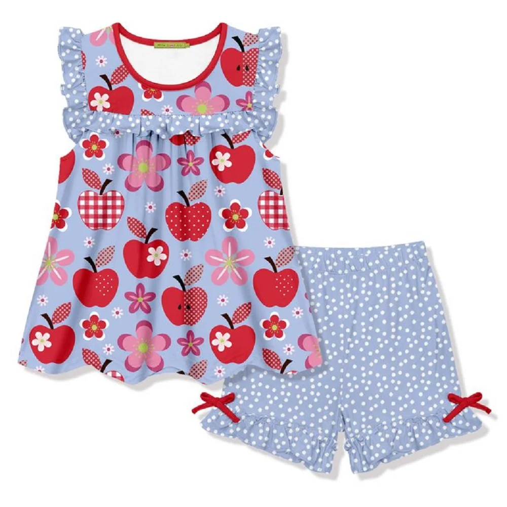 

Back to School Cute Cartoon Print Blue Flutter Short Sleeve Shorts Boutique Set Retail and Wholesale