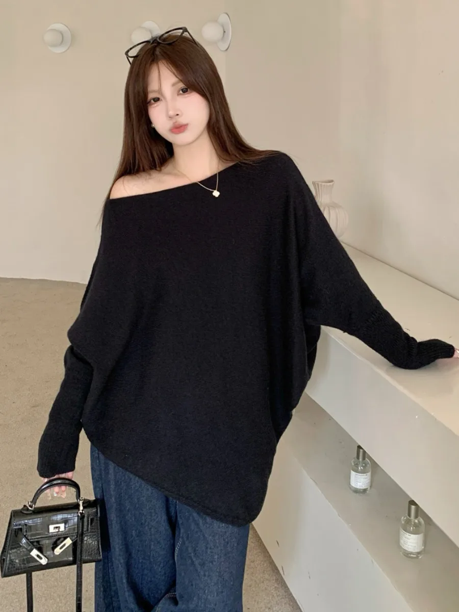 Sweter damski plus size z odkrytymi ramionami, dzianinowy, jednolity kolor, wyszczuplający, nowy model na jesień, wygodny, luźny krój, długi rękaw.