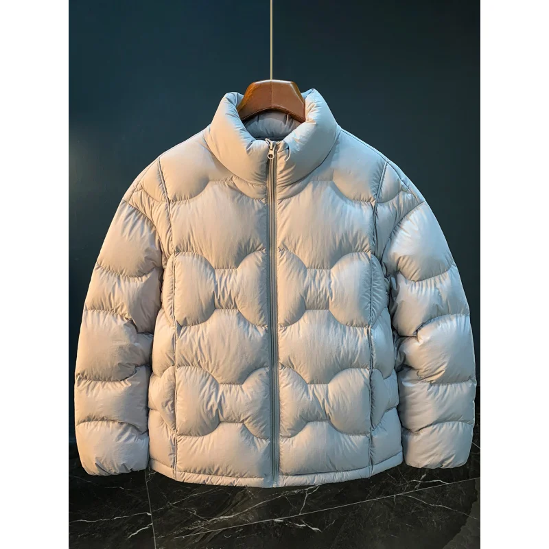 High fluffy winter warm down jacket for men, trendy new 2025 stand up collar duck down thick cold resistant jacket