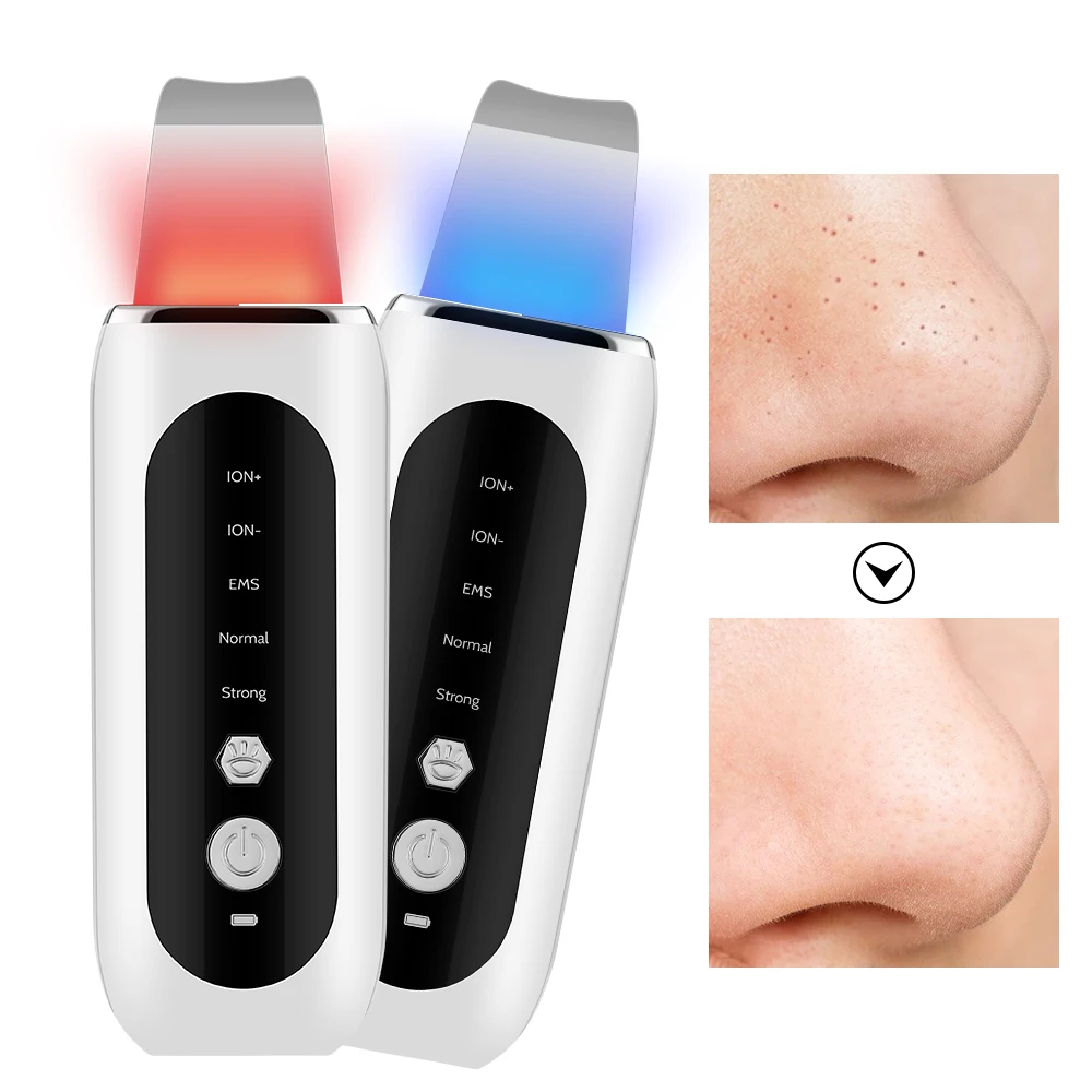 Ultrasonic Face Skin Scrubber Skin Shoveling EMS Micro-current Ion Import Facial Skin Lift Pore Clean Red Blue Light Beauty Tool