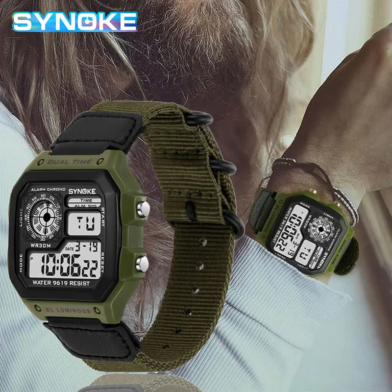 SYNOKE Men\'s Digital Watch Led Waterproof Man Nylon Watches Luxury Sports Male Wristwatches Big Alarm Clock Relojes Deportivos