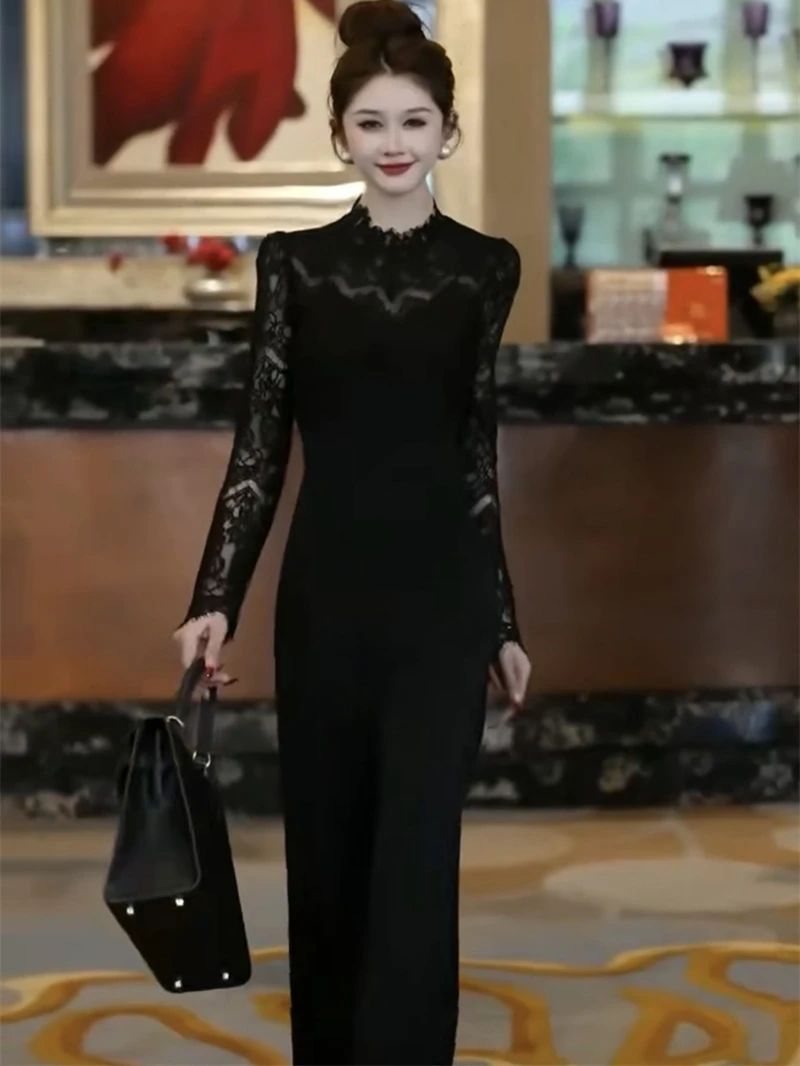 Ele Lace Trim High Waist Wide Leg Jumpsuit Women's Faion Spring Summer New round Ne See tough Splice Slim Fit One P...