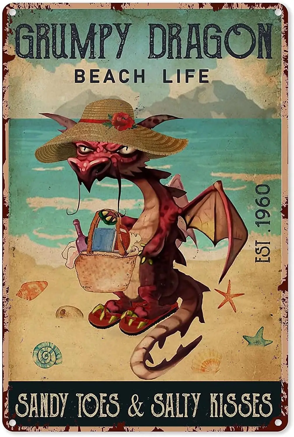 Grumpy Dragon Beach Life Metal Tin Sign,Classic Home Metal Cabin Club Shop Bar Sign Garage Cafe Farm Metal Wall Panel Art Deco 8