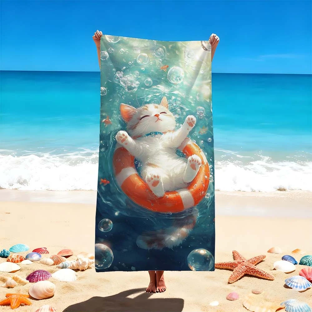 Cute Cat Beach Towel, Swimming Cat with Lifebuoy, Bubble Water Print, Soft Microfiber, Ideal Gift for Cat Lovers