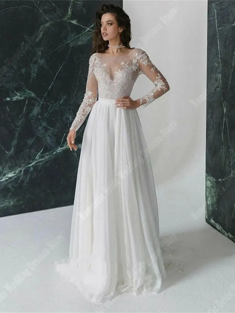 Vestidos de casamento com mangas compridas para mulheres, vestidos de noiva sem costas, tule brilhante, comprimento de esfregar, elegante