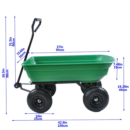 Folding car Poly Garden dump truck with steel frame, 10 inches. Pneumatic tire, 300 pound capacity, 75 litre truck body