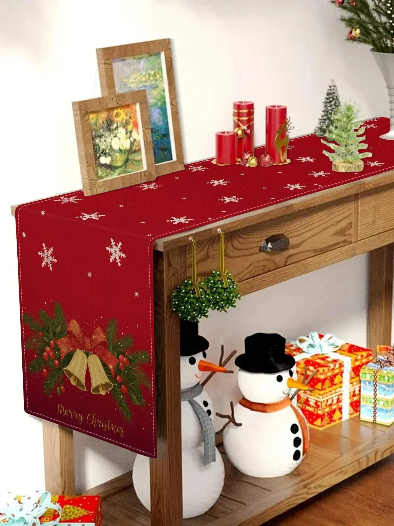 Christmas Table Runner Red Snowflake Bells Pattern Festive Christmas Decor For Home Entryway Tabletop Holiday Decoration Durable