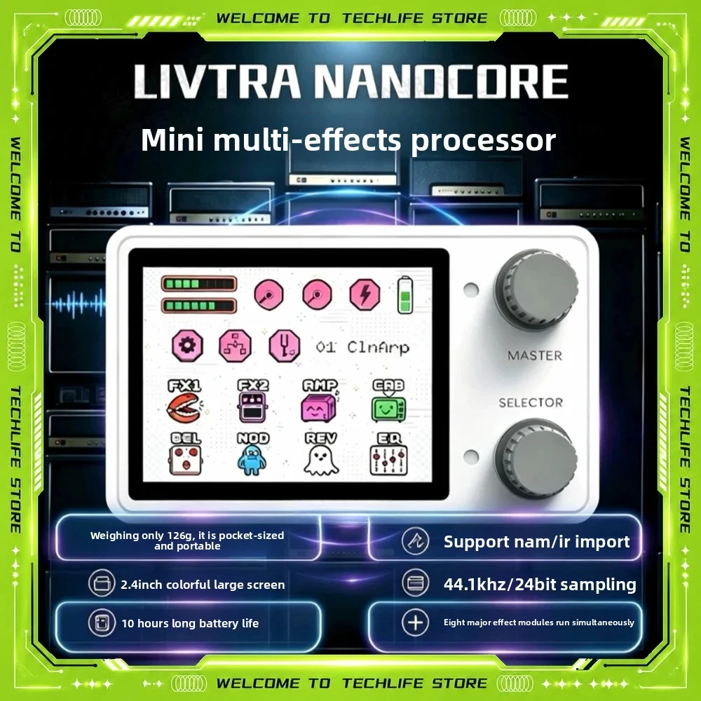 LIVTRA NANOCORE Multi-Function Guitar Pedal–126g 10H Playtime 2.4" Display NAM/IR Ready AI Drums Loopback For Music Lover