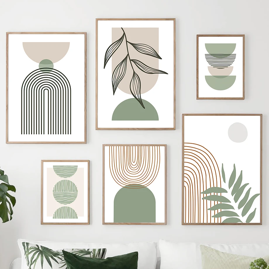 (No frame)Línea Verde, Hojas, Geometría Abstracta, Decoración Boho para Habitación, Arte Moderno para Pared, Pintura en Lienz