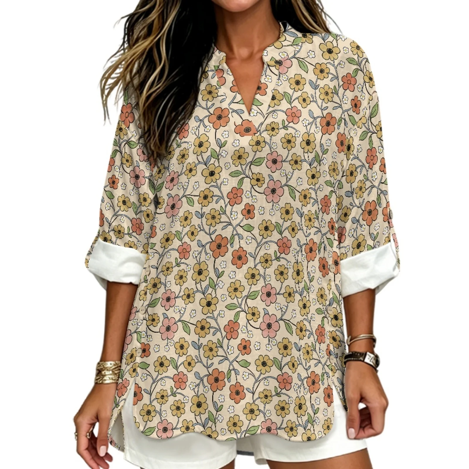펜스트롤 작은 꽃무늬 프린트 루즈핏 여성용 V넥 탑,  - Printed Floral Shirt 리뷰 및 가격