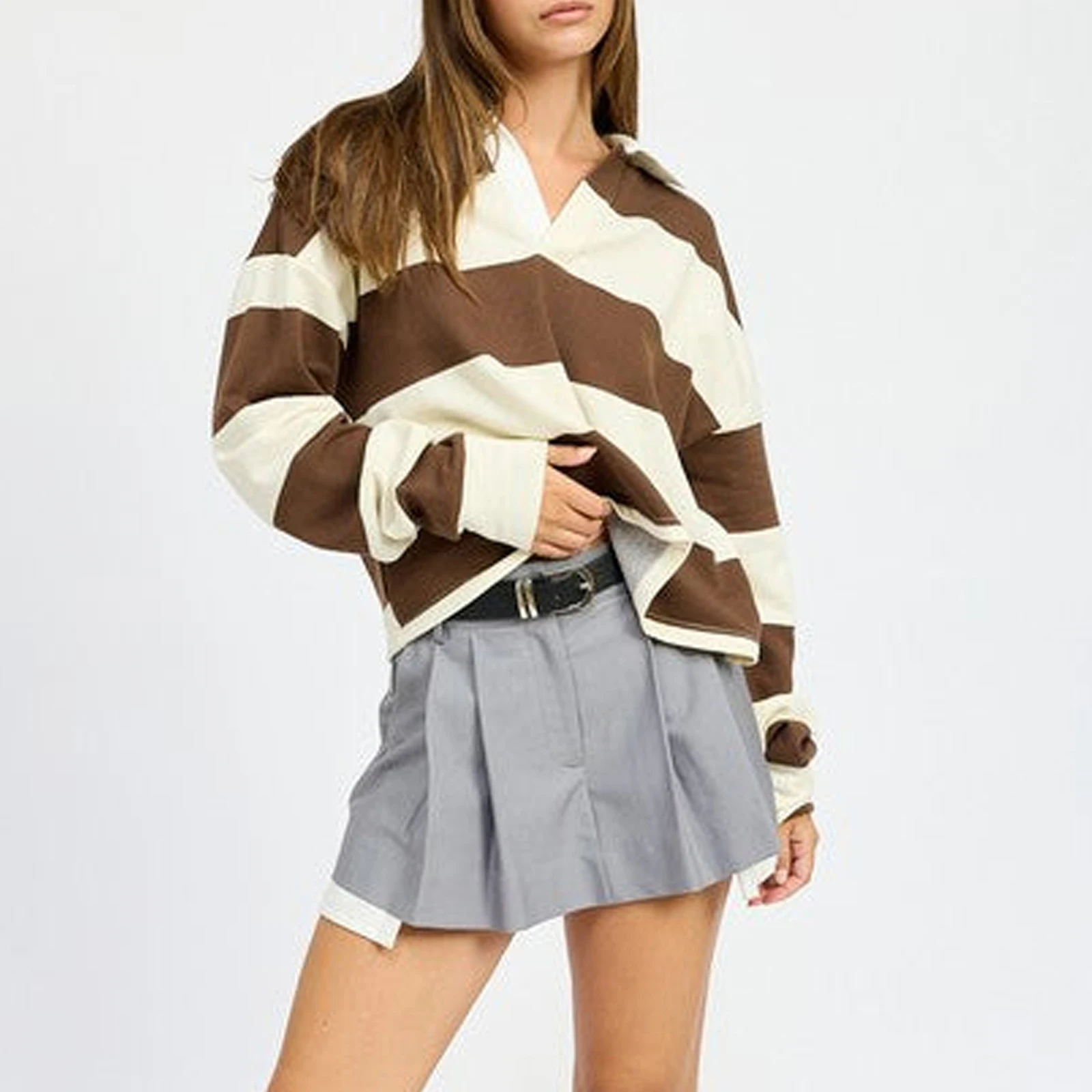 Women's Spring Autumn Y2K Vintage Loose Fit Crop Tops Long Sleeve Lapel V Neck Aesthetic Stripe Print T-shirt Pullovers