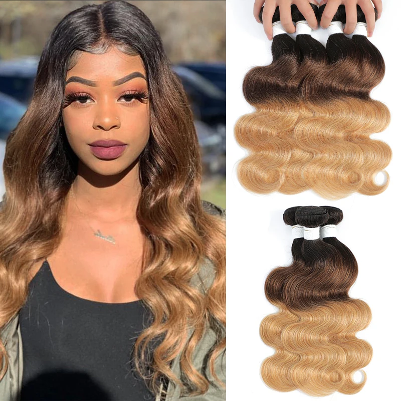 Brazilian Body Wave Human Hair Bundles Ombre Brown 3 Tone 1B/4/27 Colored Human Hair Weave Bundle Remy Hair Can Buy 1/3/4 PCS