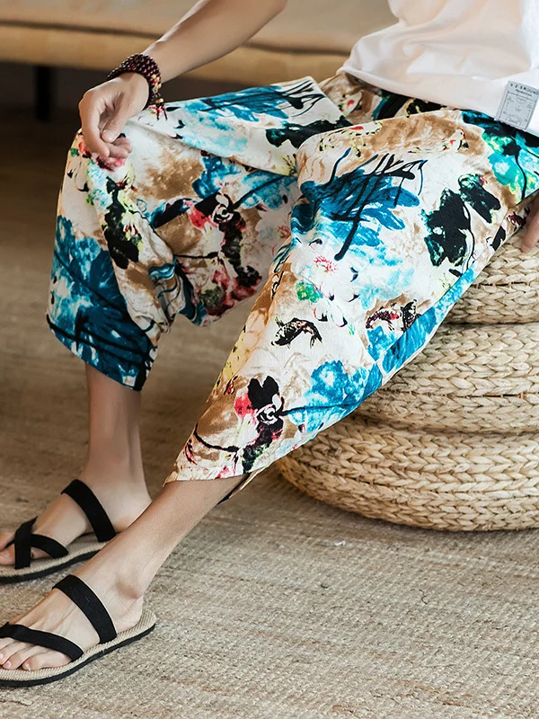 Summer Cotton Linen Wide Leg Harlan Shorts Men's Casual Beach Loose Fit Printed Pocket mid Waist Drawstring No Ironing