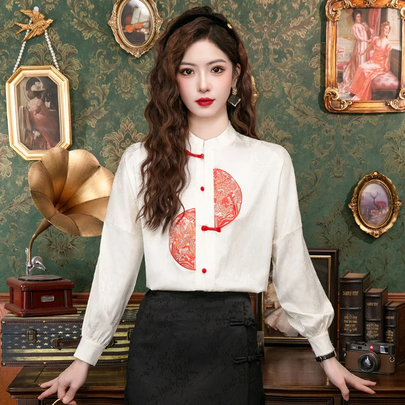 New 2024 Spring Women Shirts & Blouses Chinese Buttons Chinese Style Long Sleeve White Blouses Women Jacquard Elegant Top Mujer