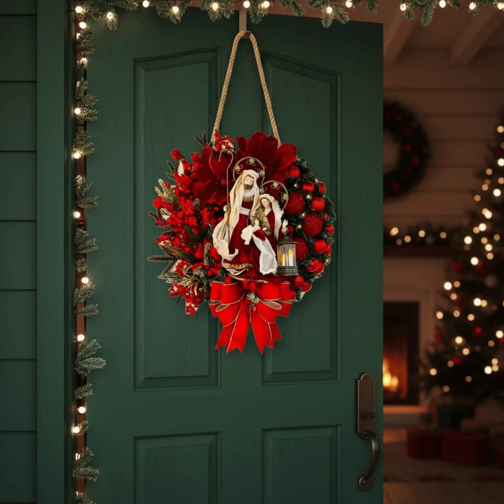 

Red Christmas Wreath Wooden 2D Door Hanging Artificial Garland Flat Reusable Christmas Ornaments Staircase Balcony