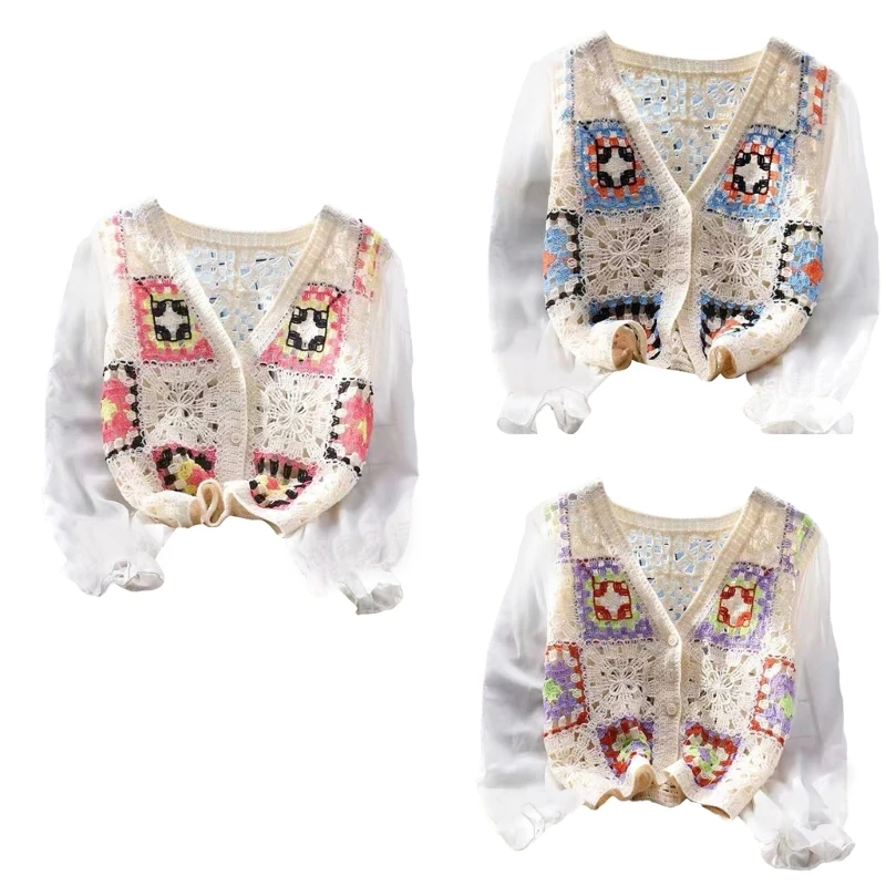 

Women's Retro Crochet Cropped Knitted Cardigans Long Sleeve Hollow Out Crop Tops T-shirt Casual Sexy V-neck Blouse Tees