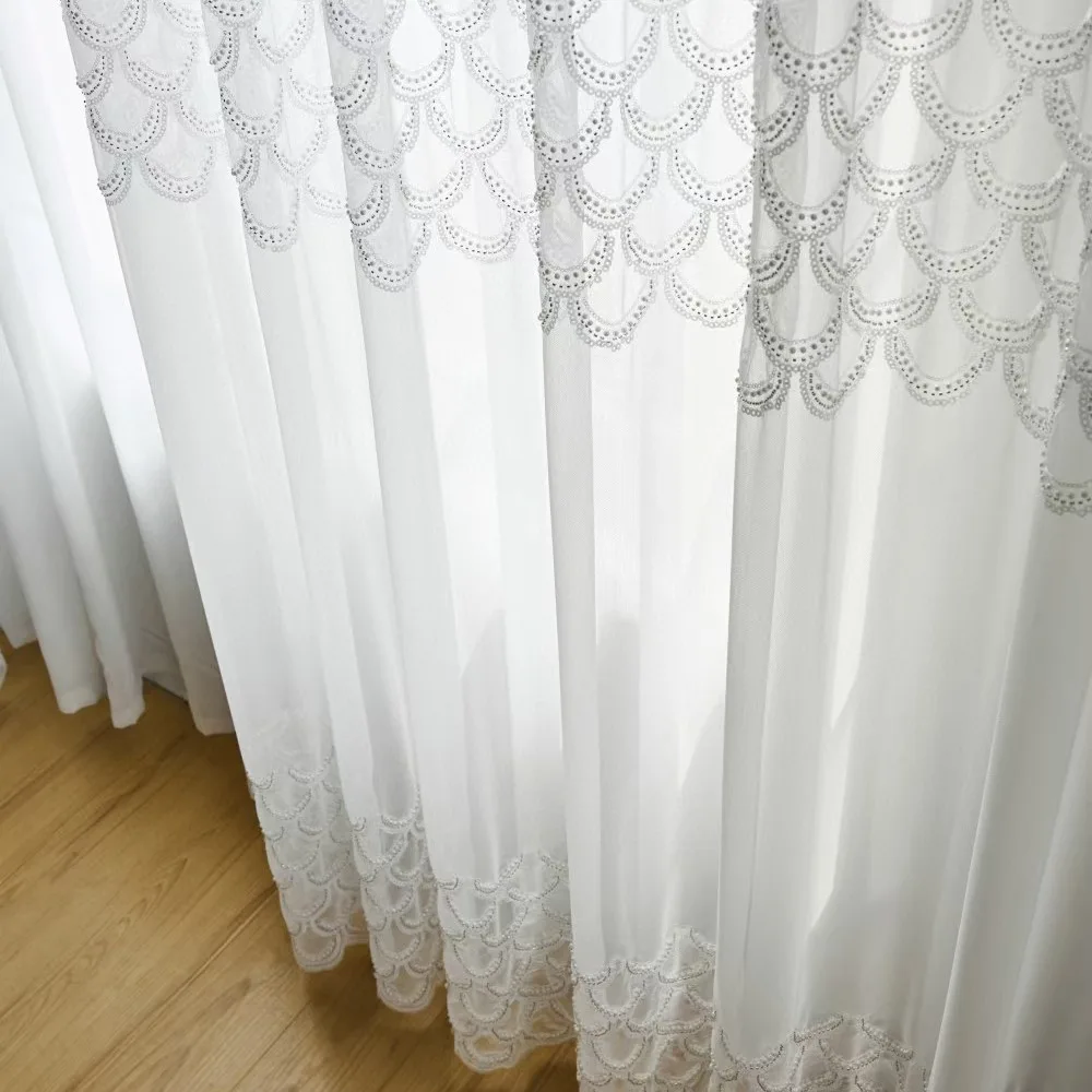 Customized Sequins Pearl Reliefs Embroidered Window White Screen Curtains for Living Room Bedroom French Window Balcony Floating