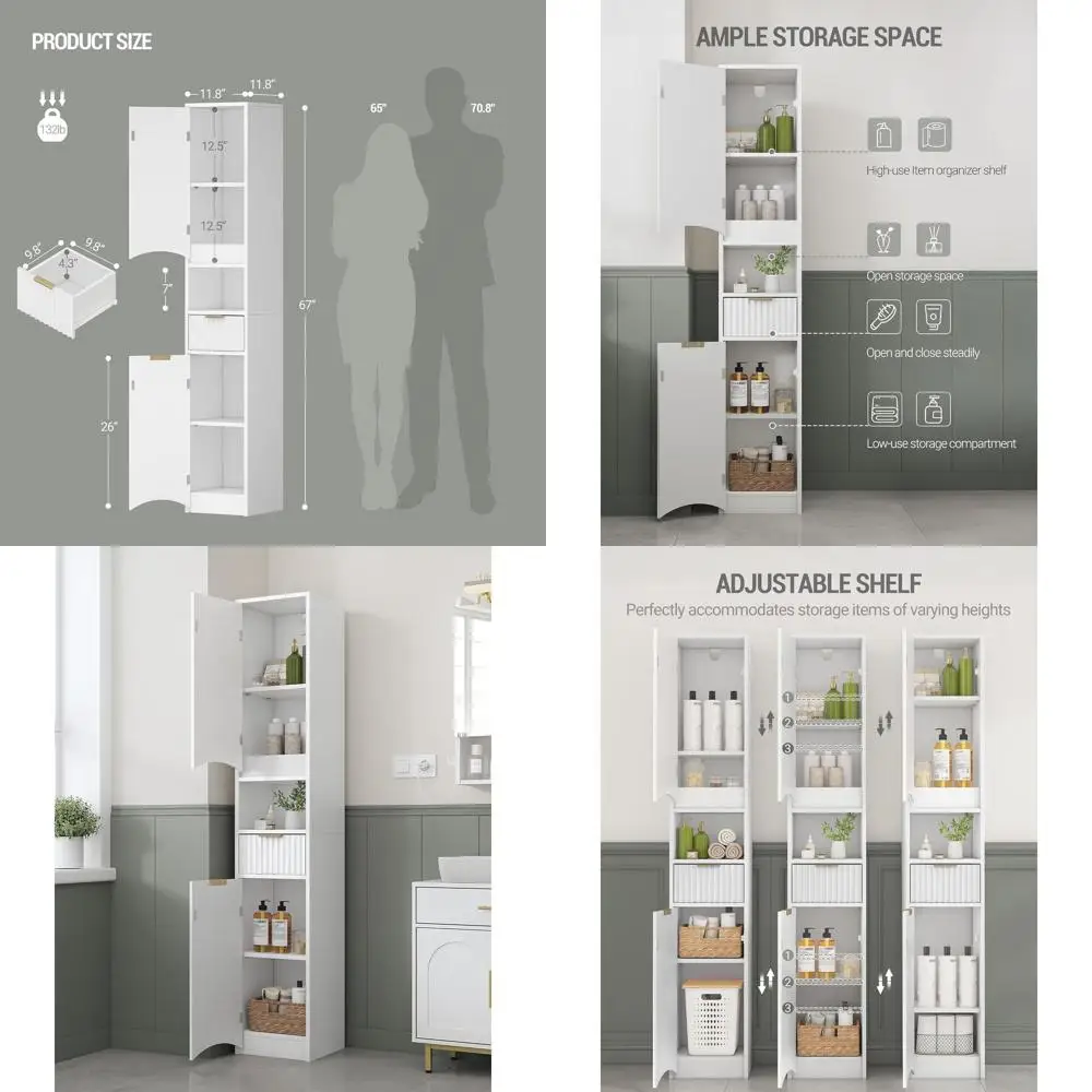 

Tall Bathroom Cabinet, Tall Storage Cabinet with 2 Doors & 1 Drawer, Cabinets with Adjustable Shelves & Wave Doors, Silm Bathroo