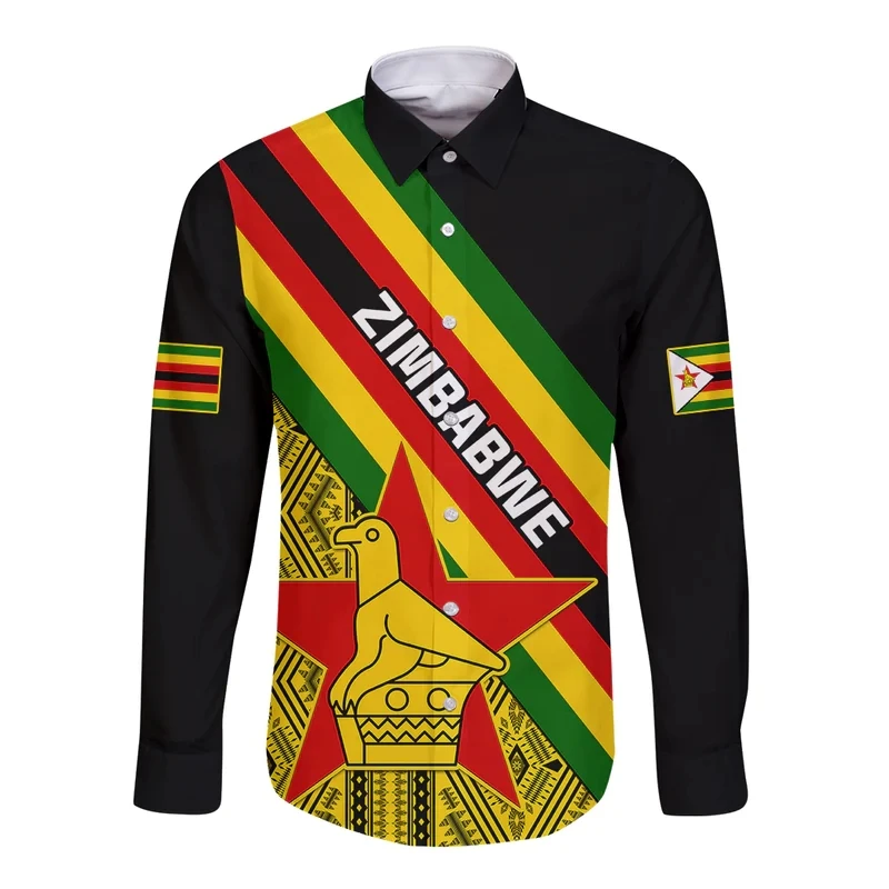 

Zimbabwe Flag Map Graphic Long Sleeve Shirts For Men Clothes National Emblem Lapel Blouse Casual Male Shirt Button Blouses Tops