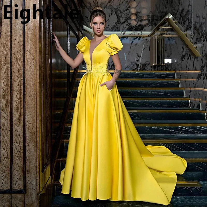 

Eightale Yellow Evening Dresses Sexy V Neck A-Line Satin Celebrity Party Gown Arabia Beadings Mono Prom Graduation Dress