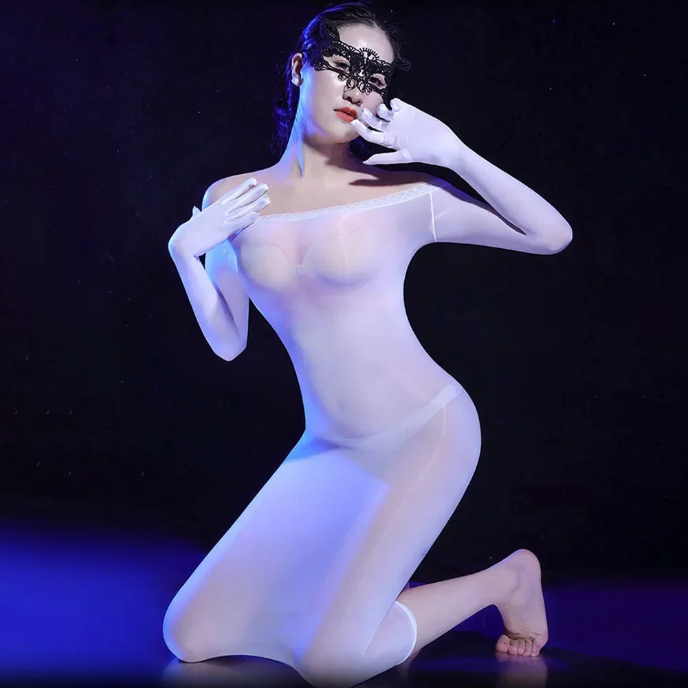 

Сексуальное нижнее белье для мужчин и женщин, блестящие кружевные длинные прозрачные колготки с открытыми плечами и пятью пальцами