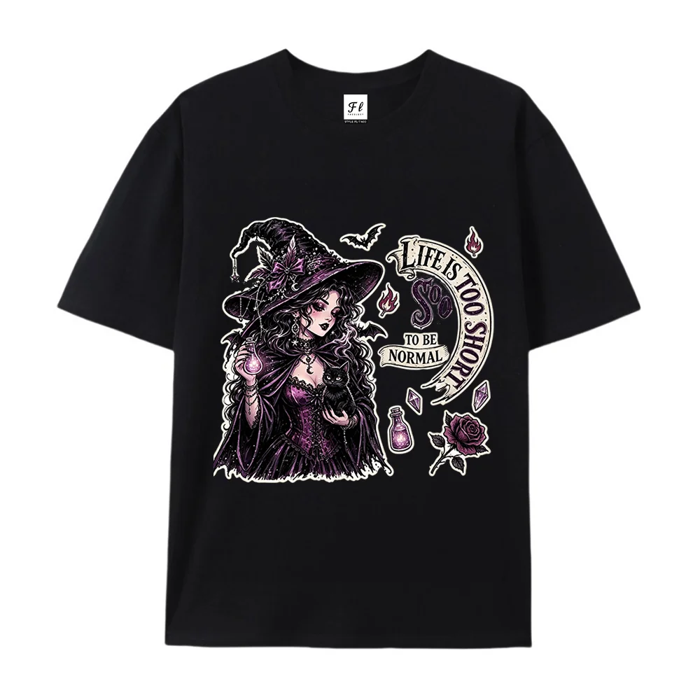 Gothic Witch Tee Life Is Too Short To Be Normal Black Cat Rose Bat Oversized Unisex Witchy Halloween Streetwear Short Sleeve Top