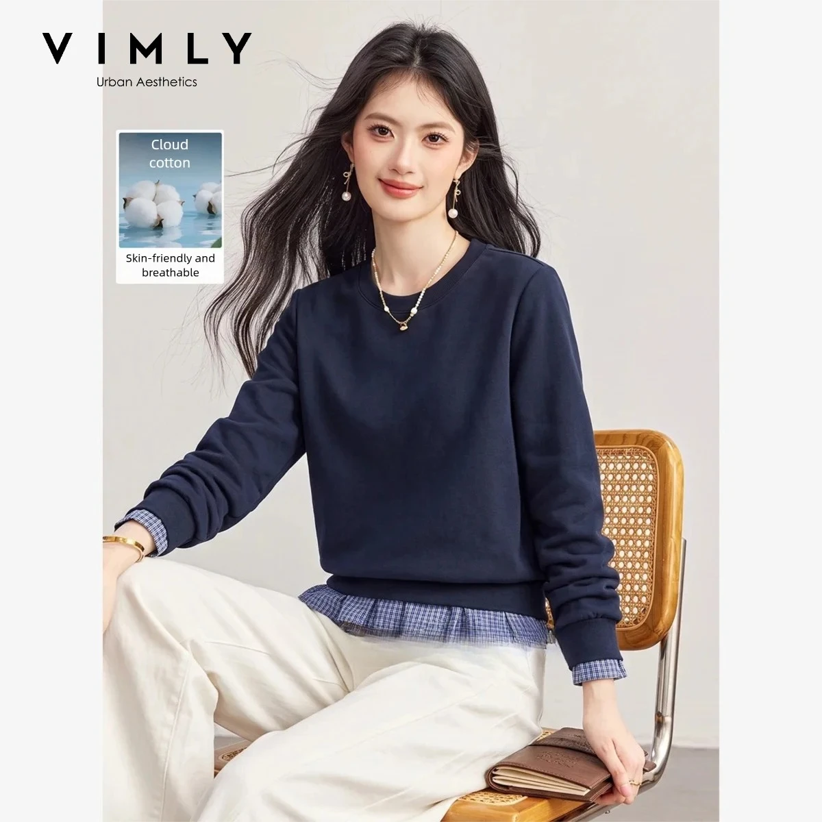 VIMLY Women's Navy Round Neck Sweatshirt Fake Two-Piece Plaid Spliced Long Sleeve Sweatshirts 2026 Casual Vintage Pullover A7260