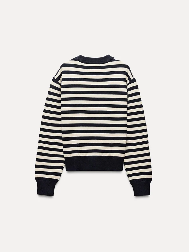 봄 신상 여성용 다용도 라운드넥 긴팔 스트라이프 캐주얼 스포츠 숏 니트 스웨터 슬림핏 출퇴근 스타일