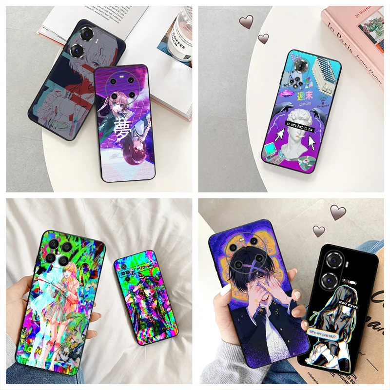 Silicone Black Phone Case for Honor x8b Magic5 x9 x7 b x6 x8 a 90 70 8x x8a x7b Vaporwave Girl Anime Pixel 7a 8a 7 6 8 Pro Cover