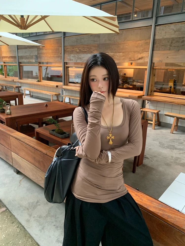 

Yanlin Miss Ранняя осень Кофейный круглый Ne Long Sve Топ для похудения Boting irt Set Женский модный комплект для поездок на работу Sle Pur...