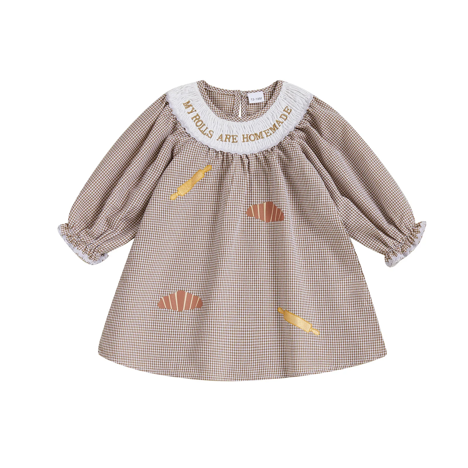 

Little Girl Thanksgiving Plaid Dress Letter Bread Embroidered Round Neck Long Sleeve A-line Dress Cute Fall Clothes