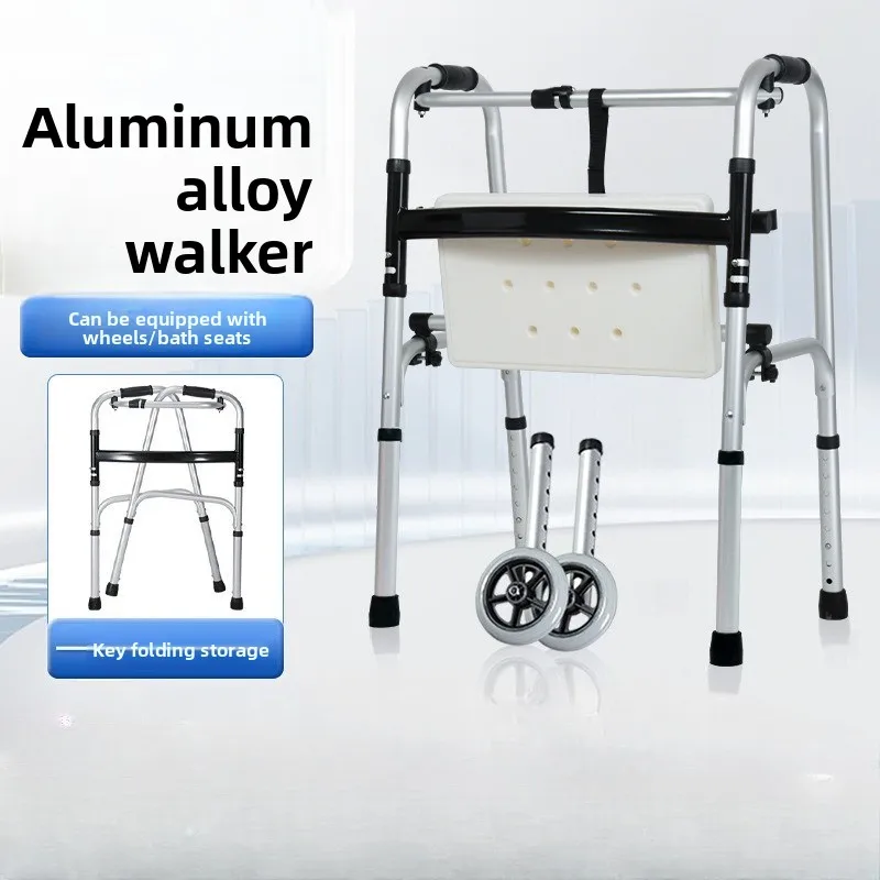Foldable Walker with Seat Lightweight Mobility Aid Aluminum Frame Stable Walking Support for Elderly Indoor Home Use