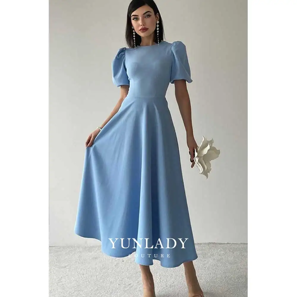 YUNLAN Temperament Light Blue A-Line Round Neck Dress 2024 Dubai Lady Important Occasion Dress Muslim Birthday Party Dress