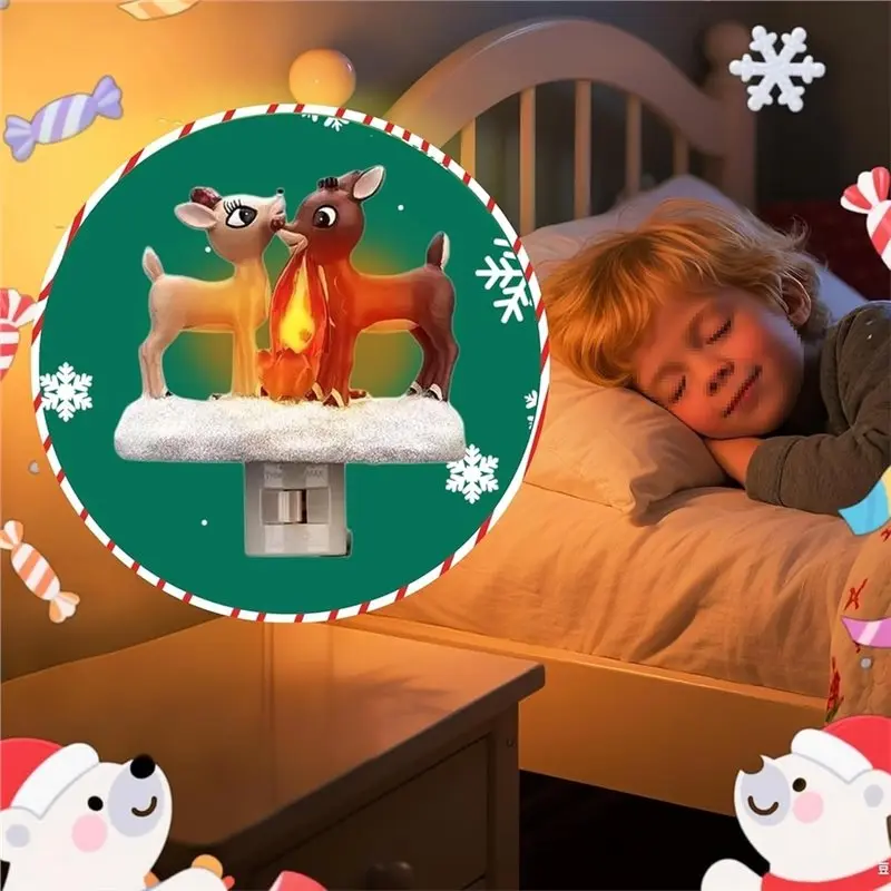 A20F-LED Faux Campfire Lamp Reindeer Night Light With Flickering Flame, For Christmas Decor, Twinkling Nightlight For Bedroom