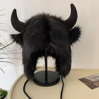 Bison Hat Plush Earflap Hat with Horns Unisex Winter Warm Ear Protection Personality Windproof Cold Riding Electric Car Cotton