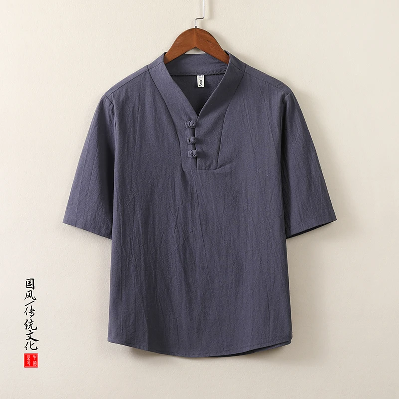 

Мужские рубашки Удобные дышащие повседневные рубашки для кунг-фу тай-чи Мужские рубашки в китайском стиле сплошной цвет льняной костюм в стиле ретро Тан с коротким рукавом