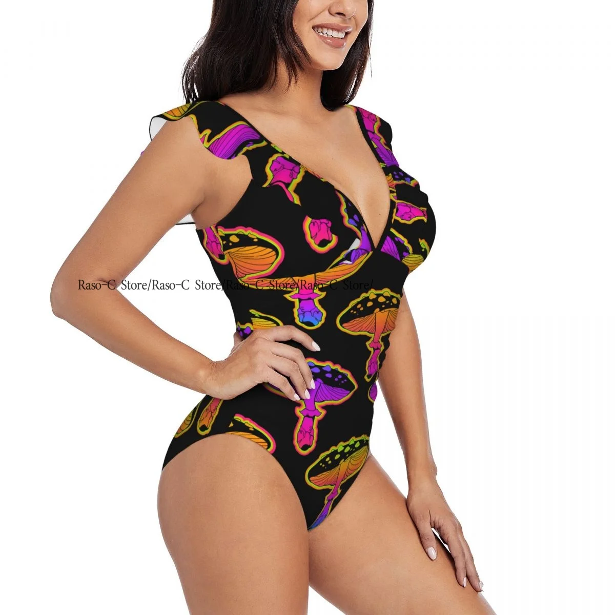 Sexy One Piece Swimsuit Women Mushrooms Psychedelic Colors Ruffled Swimwear Monokini Female Bodysuit Girl Beach Bathing Suit